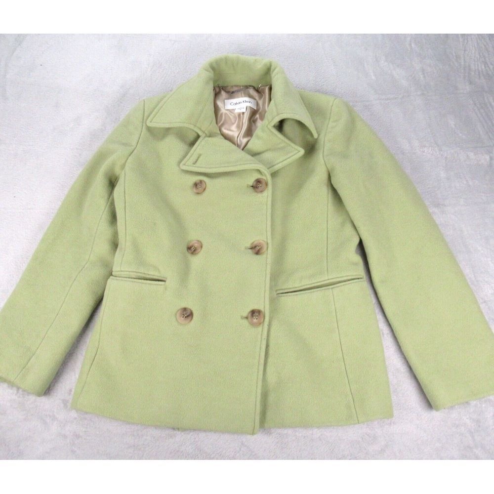 Calvin Klein Wool Cashmere Jacket Womens 10 Green Double Breast Coat FITS SMALL